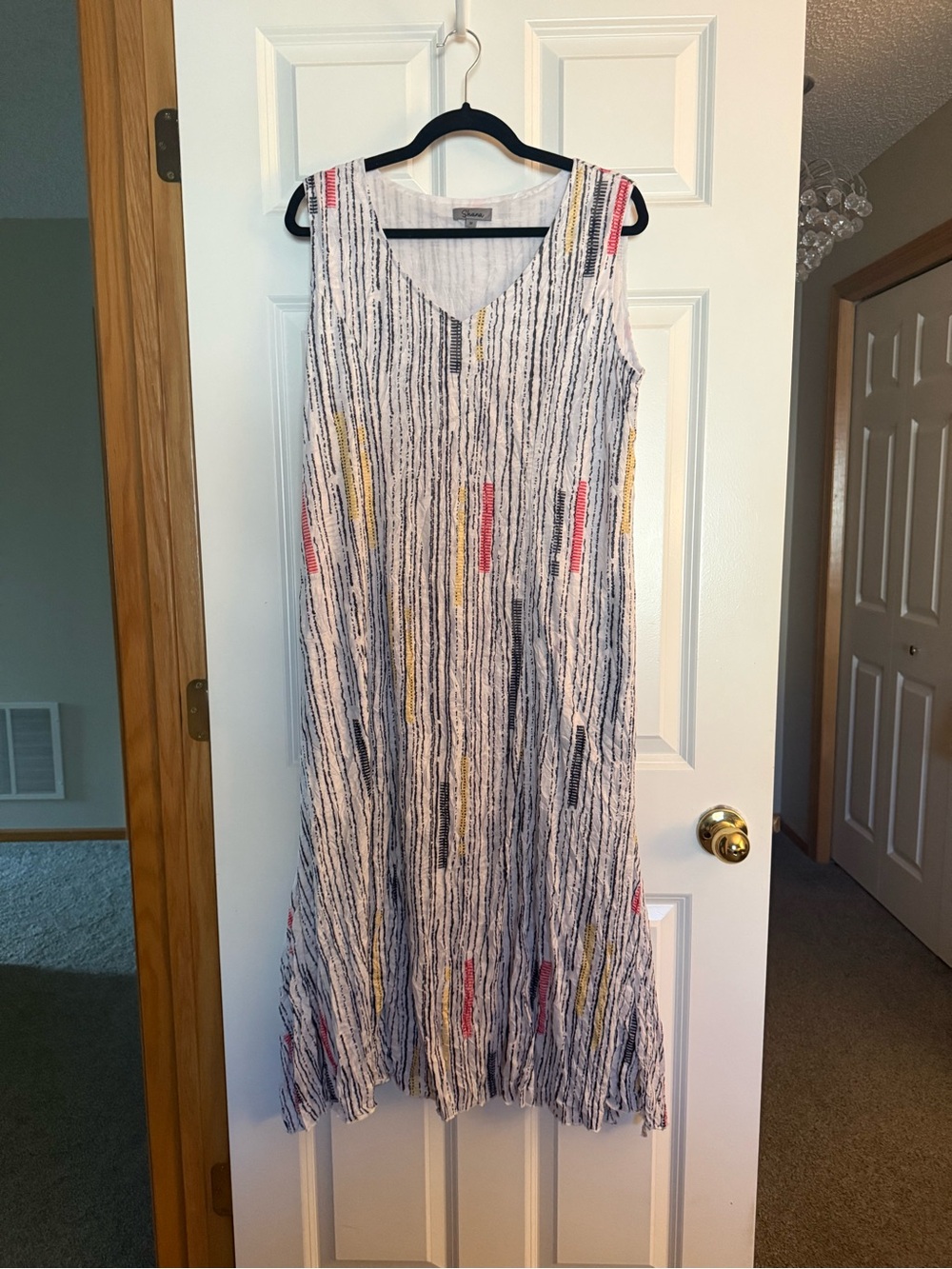 SHANA Sleeveless V-Neck White Dress with Navy/black, Red and Yellow Stripes